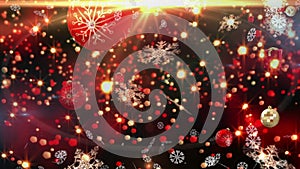 Animation of christmas boubles presents, snow and stars falling over red background