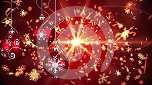 Animation of christmas boubles and snow falling and glowing light over red background