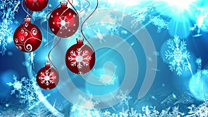 Animation of christmas boubles and snow falling over blue background with bokeh