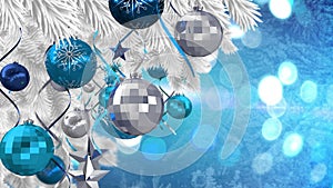 Animation of christmas boubles and snow falling over blue background with bokeh