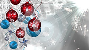 Animation of christmas boubles and snow falling over glowing light
