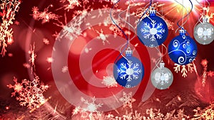 Animation of christmas boubles and snow falling over red background