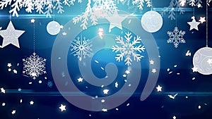 Animation of christmas boubles, snow and stars falling over blue background