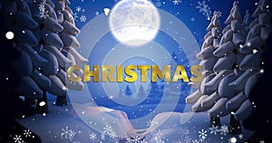 Animation of christmas text over winter scenery and full moon background
