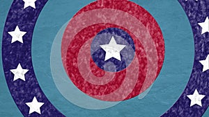 Animation of circles spinning with American flag  stars and stripes over blue background