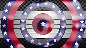 Animation of circles spinning with American flag  stars and stripes over industrial metal background