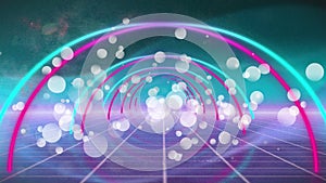 Animation of circles in a tunnel with white bubbles and grid with purple floor and blue background