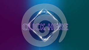 Animation of click here text over glowing diamond on purple to green background