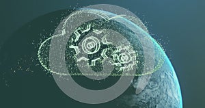 Animation of cloud with cogs and data processing over globe on blue background