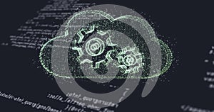 Animation of cloud with cogs over data processing on black background