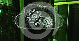 Animation of cogs and cloud over server room