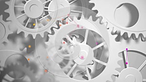Animation of cogs spinning with data processing over white background