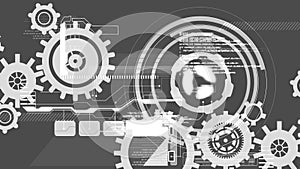 Animation of cogs spinning scope scanning and data processing on grey background