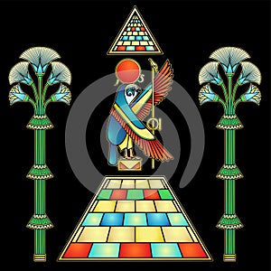 Animation color drawing: Divine Falcon sits atop pyramid.