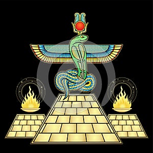 Animation color drawing: God Apop Sacred winged Serpent sits atop the pyramid.
