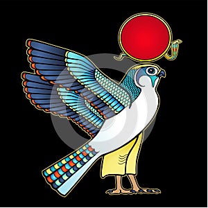 Animation color drawing:  sacred Egyptian Falcon bird. God Horus - deity of heaven and sun.