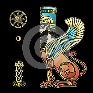 Animation color drawing: sphinx man withAnimation drawing: sphinx man with lion body and wings, a character in Assyrian mythology.