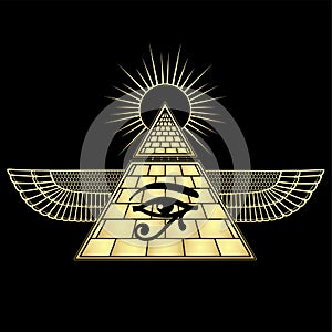 Animation color  drawing: winged Egyptian pyramid, eye of Horus, divine shining sun.