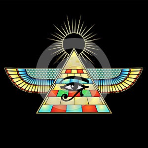 Animation color  drawing: winged Egyptian pyramid, eye of Horus, divine shining sun.