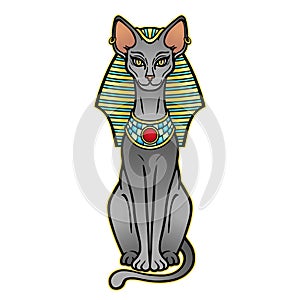 Animation color portrait Ancient Egyptian goddess Bastet Bast in the royal headdress. Sacred cat.