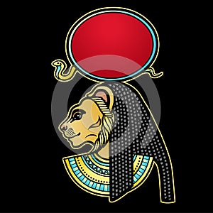 Animation color portrait Ancient Egyptian goddess with head of  Lioness, disk of sun.