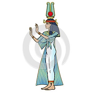 Animation color portrait: beautiful Egyptian woman in ancient clothes with a crown extends his hand.