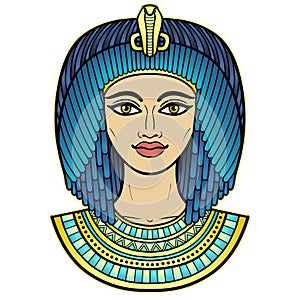 Animation color portrait of beautiful Egyptian woman in ancient hairstyle. Queen or princess Goddess.Animation color portrait of b