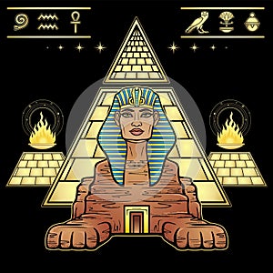 Animation color portrait: Egyptian sphinx body of a lion and the head of a man. Door is inside body. Pyramid Valley, ritual fire.