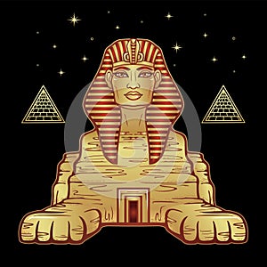 Animation color portrait: Egyptian sphinx body of a lion and the head of a man. Pyramid symbols. Egypt history.