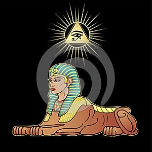 Animation color portrait: Egyptian sphinx body of a lion and the head of a woman.