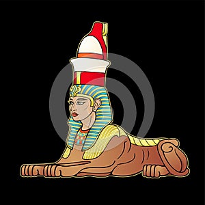 Animation color portrait: Egyptian sphinx body of a lion and the head of a woman.