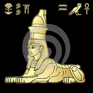 Animation color portrait: Egyptian sphinx body of a lion and the head of a woman.