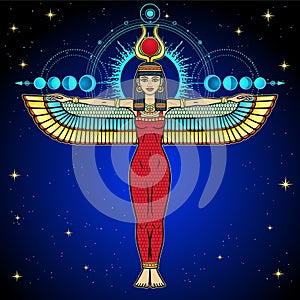 Animation color portrait: Egyptian winged goddess Isis with horns and a sun disk on her head. Sacred geometry, phases of the moon.