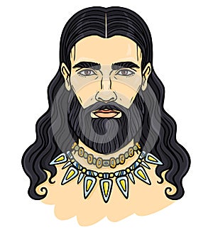 Animation color portrait of the young bearded man with long hair in an ancient necklace.