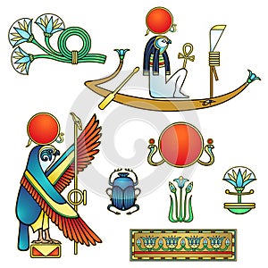 Animation color set of ancient Egyptian symbols. Sacred bird falcon, god Ra sailing in a boat.