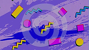 Animation of colorful abstract shapes over changing grunge effect against purple background