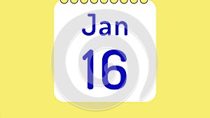 Animation of colorful monthly calendar for January with pages in motion of dates with space