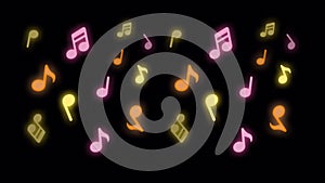 Animation colorful Music notes on black background.