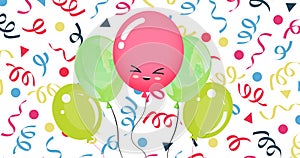 Animation of colourful balloons with party streamers on white background