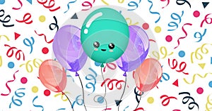 Animation of colourful balloons with party streamers on white background