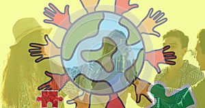 Animation of colourful puzzle pieces and globe with hands over happy friends at summer beach party