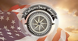 Animation of compass and columbus day over flag of united states of america