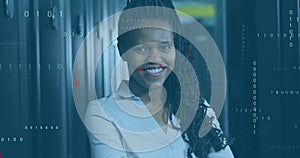 Animation of computer language, binary codes, signs, african american woman standing in server room