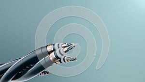 Animation concept of fiber optic cable on a colored background. Future cable technology. Detailed curved cable in cross