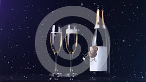 Animation of confetti and champagne cork falling, with bottle and two glasses of champagne, on black