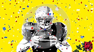 Animation of confetti and rose over american football player on yellow background
