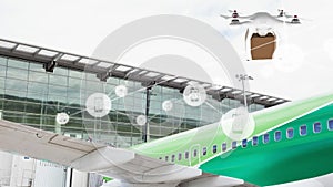 Animation of connected icons, drone carrying cardboard box, parked airplane in airport