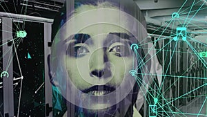 Animation of connected icons globe, close up of caucasian woman over server room