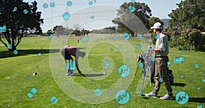 Animation of connected icons over caucasian golf player placing ball on ground for taking shot