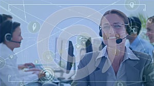 Animation of connected icons, smiling caucasian female call center agent guiding customer